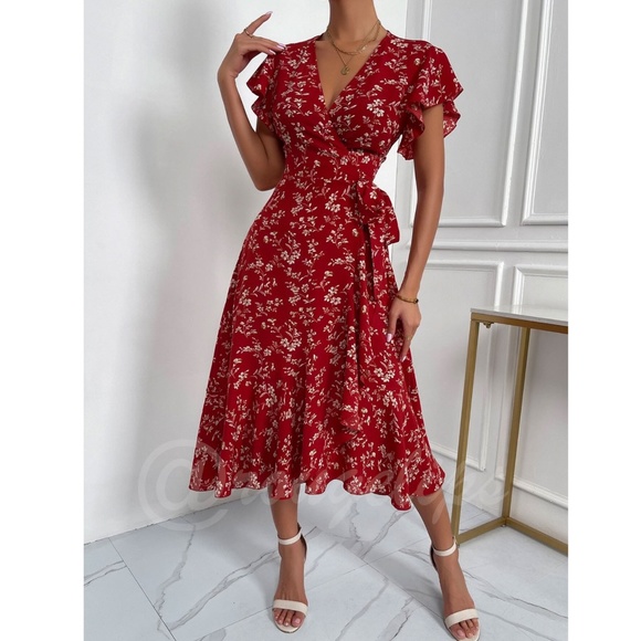 Boho Red Floral V neck Ruffle Hem Midi Dress Wrap Style Short Butterfly Sleeve - Picture 4 of 14